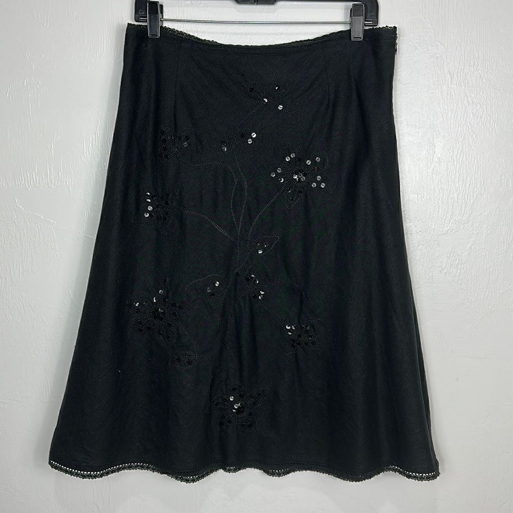 Carole Little Black Linen Blend Beaded Midi Skirt Size 10